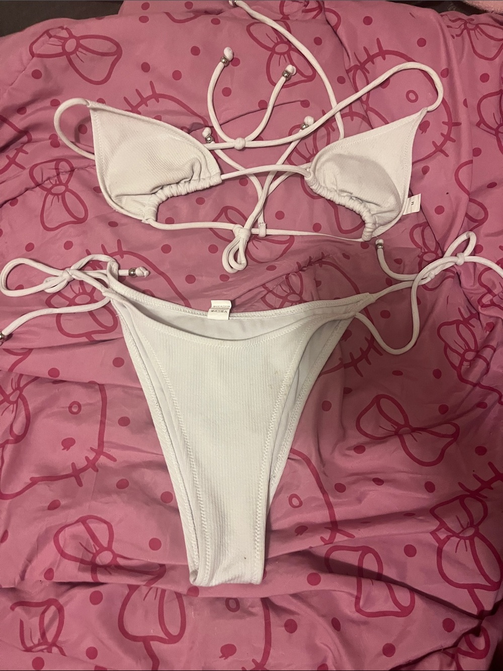 White Ribbed Triangle String Bikini - Women bathing suit
